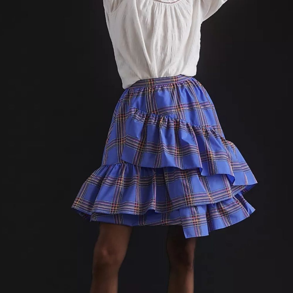 Anthropologie Maeve Tiered Ruffle Tartan Plaid Mini Skirt Party Women's Size 4